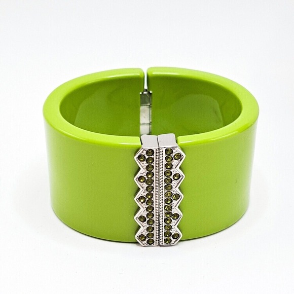 Green Cuff Bracelet Womens Hinged Rhinestone Bold Wide‎ Statement Retro Jewelry - Picture 1 of 9